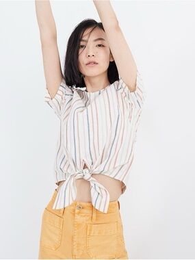 MADEWELL RAINBOW STRIPE SHORT SLEEVE BUTTON-BACK TIE TEE TOP